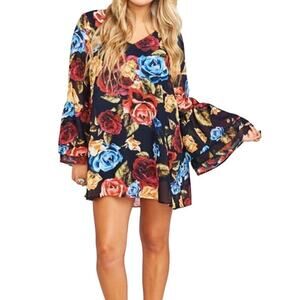 Show Me Your Mumu Nolita Mini Dress Dark Floral Blooms Bell Sleeves V-Neck,‎ XS